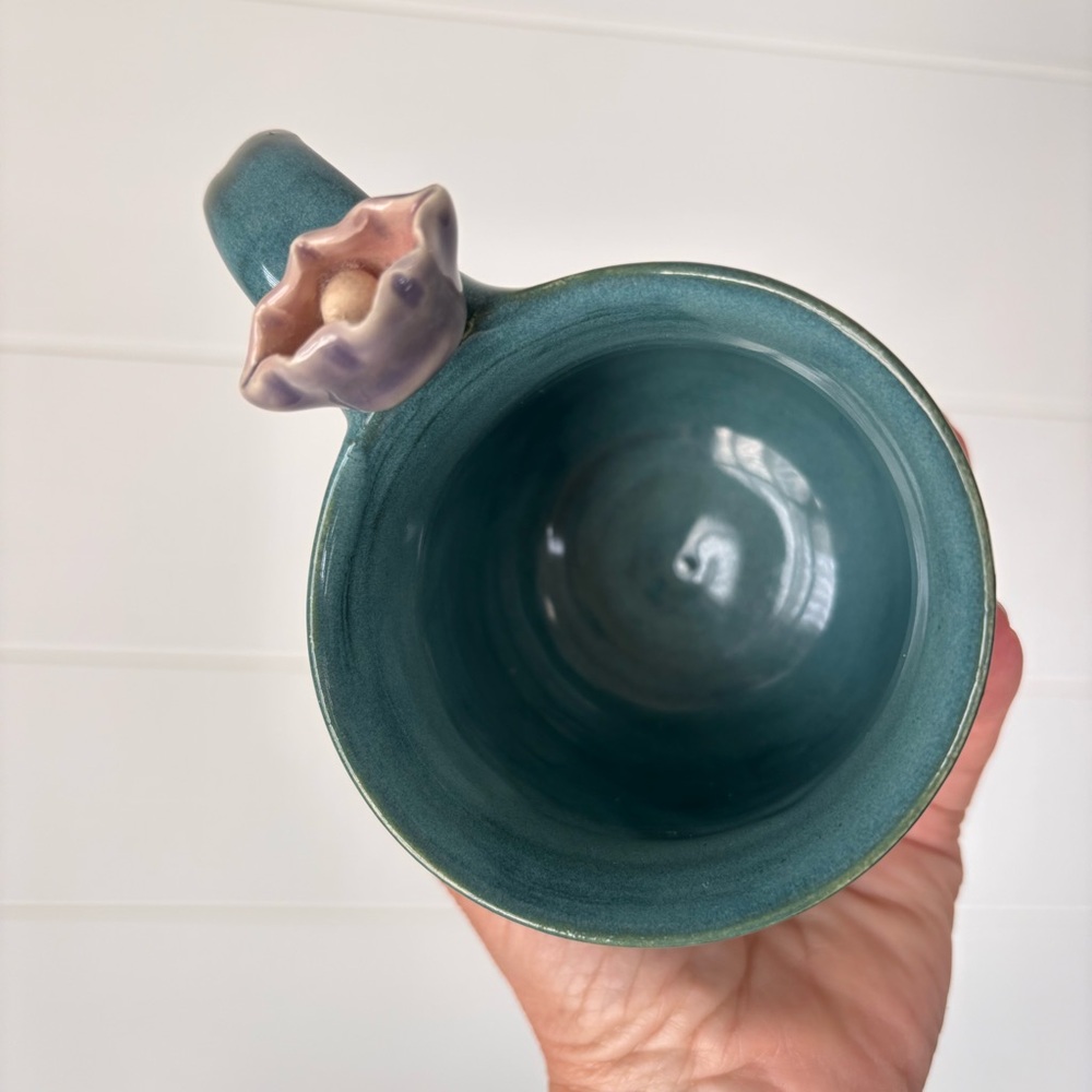 Handmade Teal Ocean Waves Ceramic Mug with Oyster and pearl Accent On Handle - Picture 8 of 11